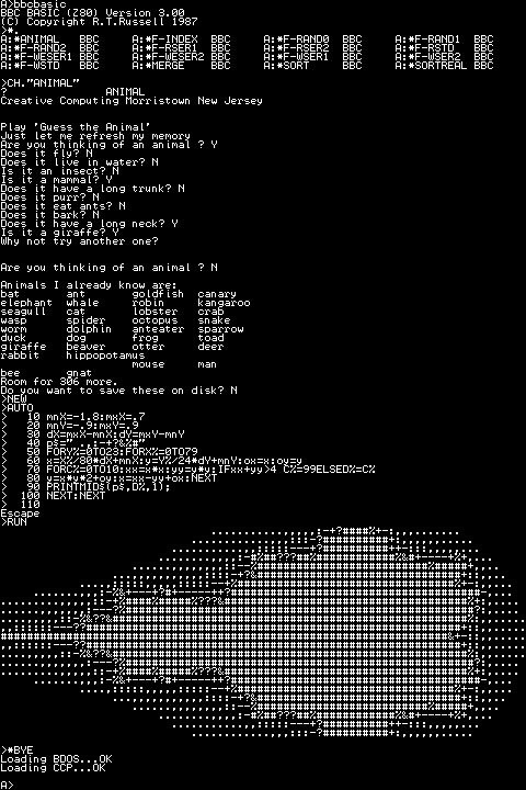 BBC BASIC test session with the Z80 computer
