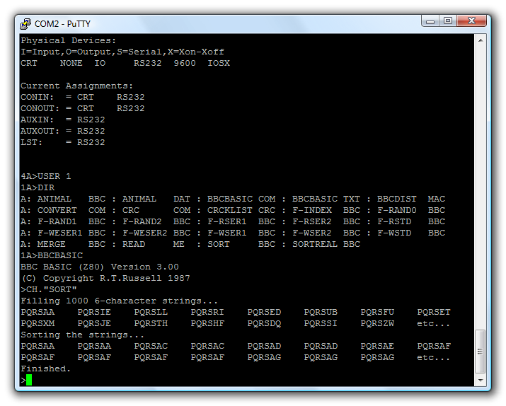 Z80 computer session in PuTTY