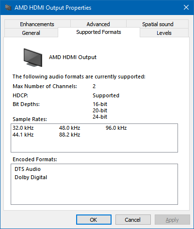 Sound properties showing that compressed formats are now supported