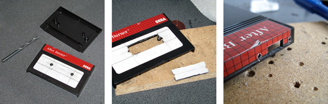 Photos showing holes being cut in the cartridge enclosure for access to the memory chip and mode switch